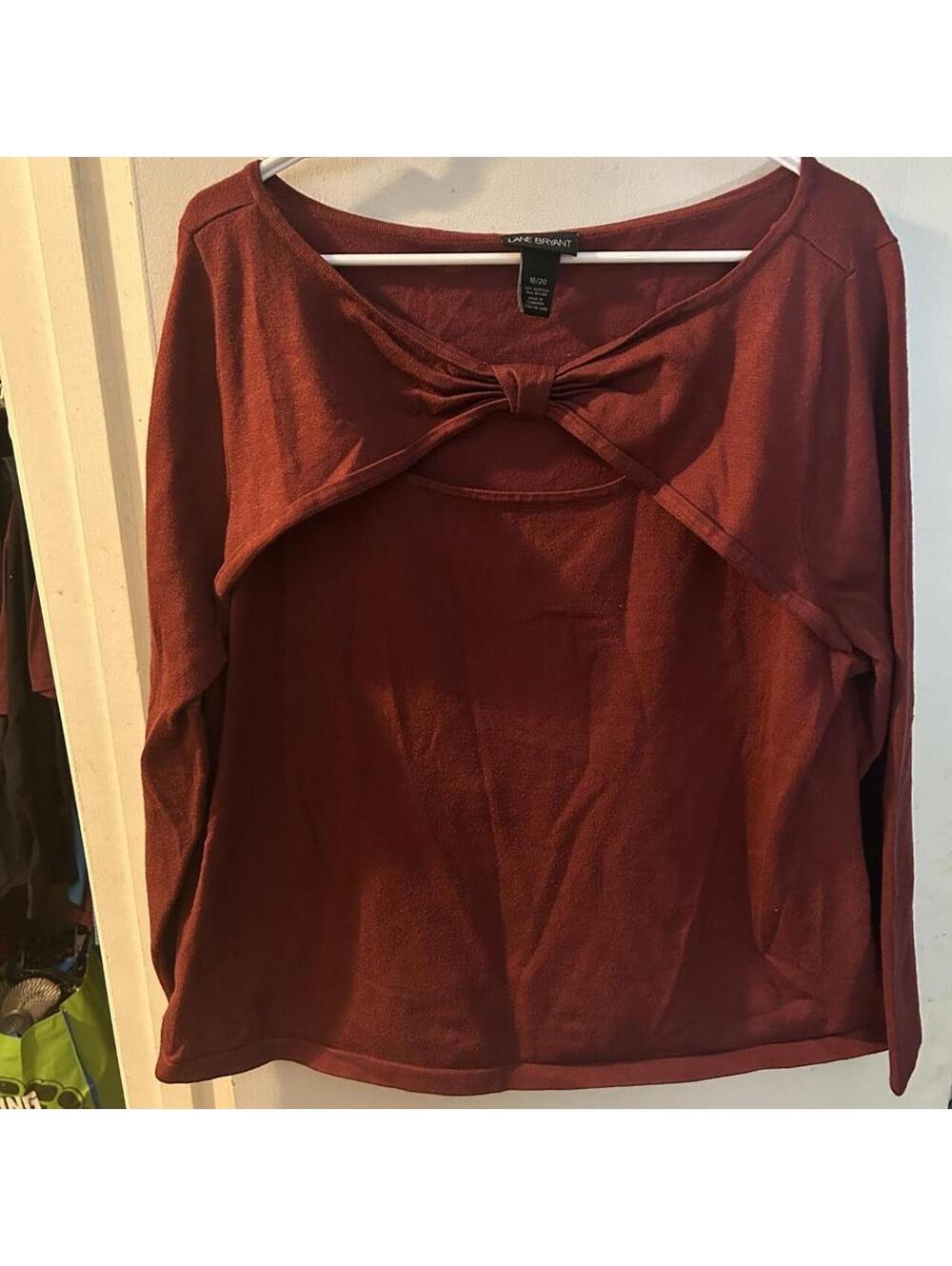 Lane Bryant burgundy long sleeve top with bow detail, size 18/20.